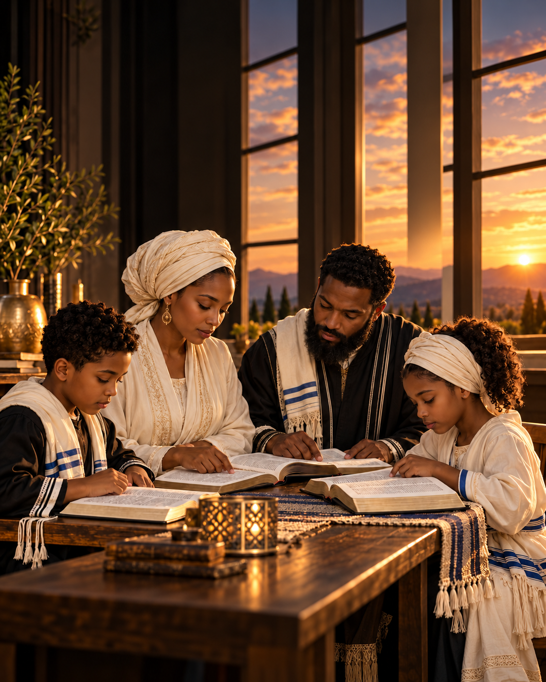 A father, mother, son and daughter studying open Bibles at a wooden table by a sunset window