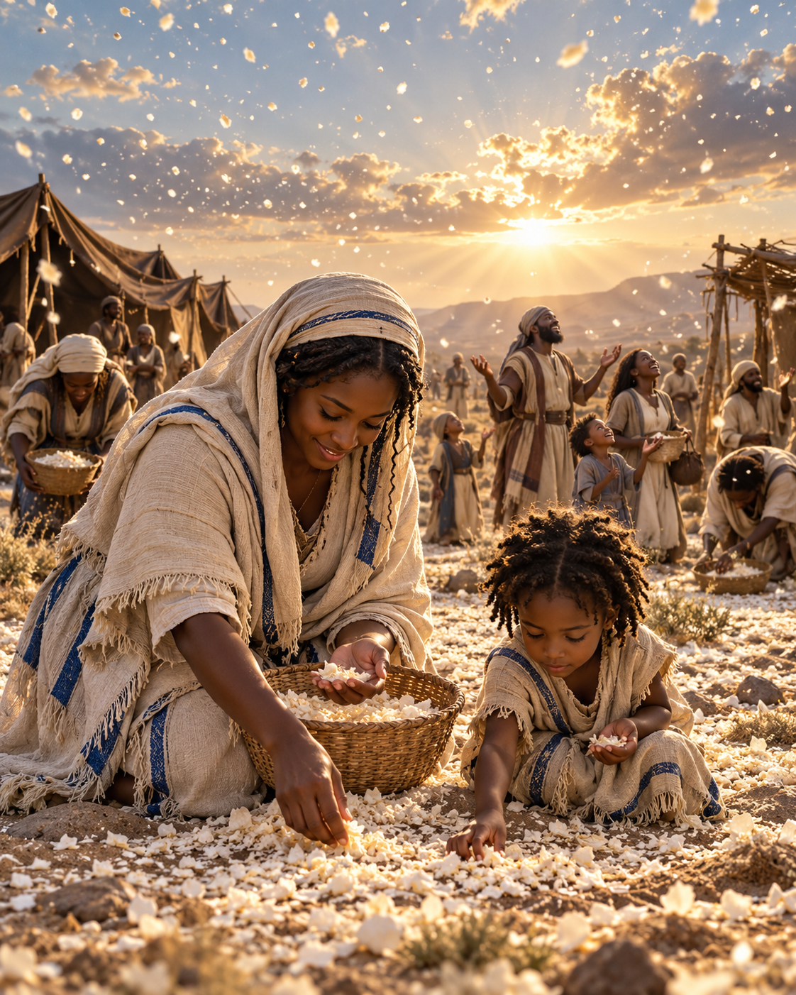 A mother and child gathering manna in the wilderness camp at dawn